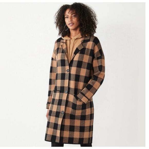 Nine West Long Length Cardigan Sweater XL Brown Black Plaid Check Pockets Fall - Picture 1 of 11